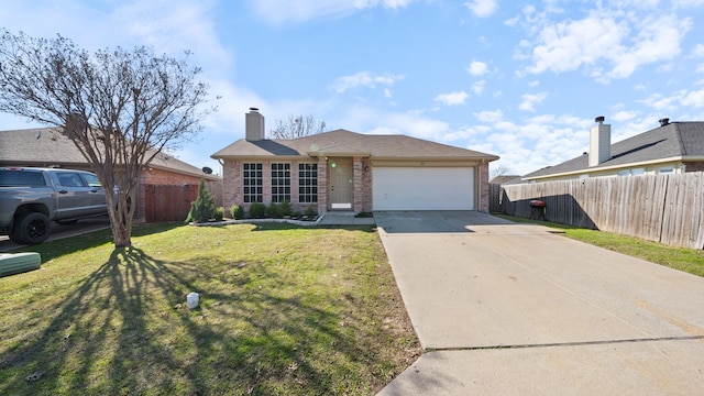 ranch-style home featuring a garage and a front lawn