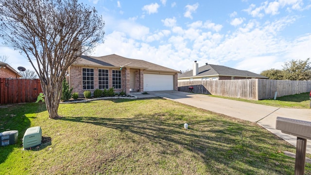 ranch-style house with a garage and a front lawn