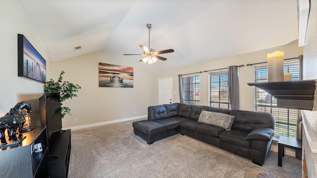 living room featuring lofted ceiling, carpet floors, and ceiling fan