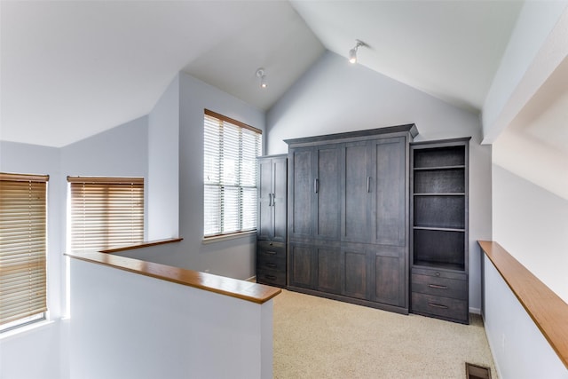 walk in closet with light carpet and vaulted ceiling