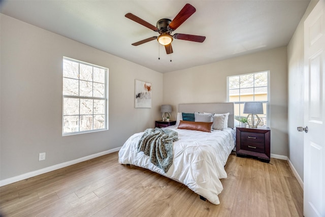 bedroom featuring light wood-type flooring and ceiling fan