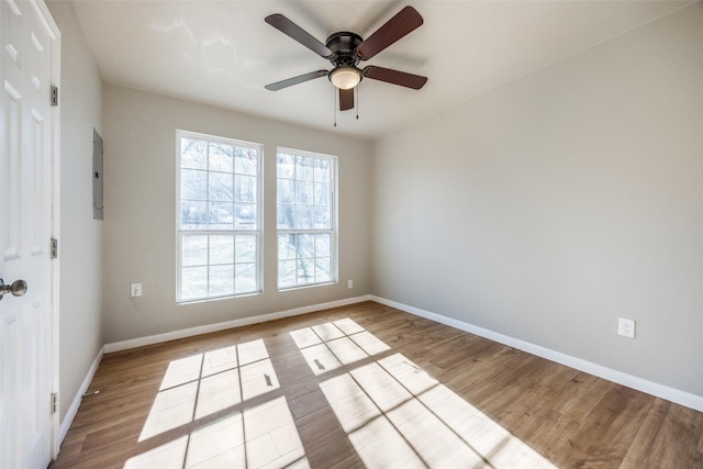 empty room with electric panel, light hardwood / wood-style flooring, and ceiling fan