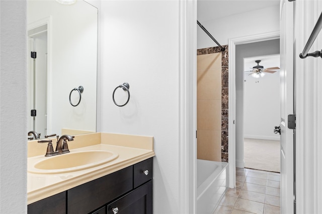 full bath with  shower combination, tile patterned flooring, and vanity