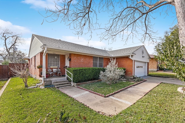 single story home featuring a garage, a front yard, and a porch