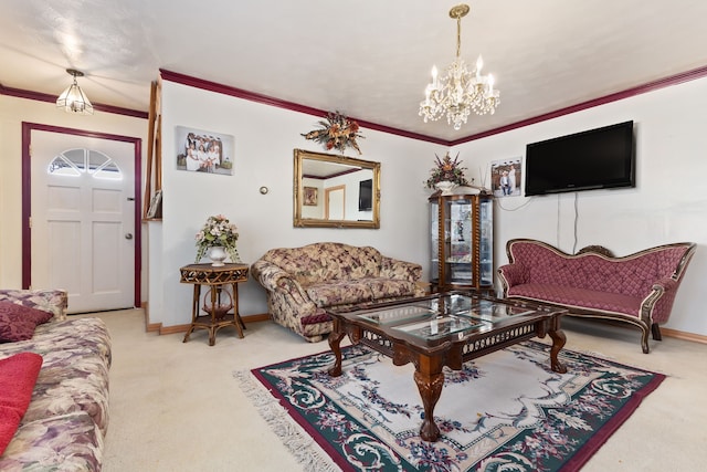 living room with carpet, a notable chandelier, and ornamental molding