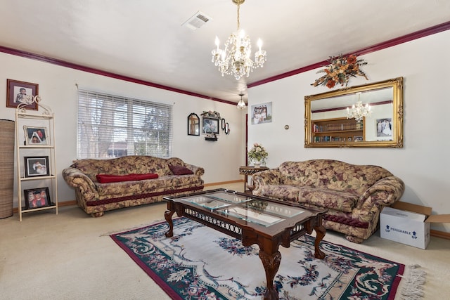 carpeted living room with crown molding and a chandelier