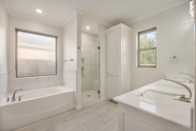 bathroom with vanity, ornamental molding, and plus walk in shower