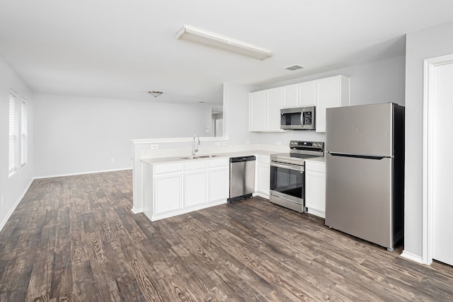 kitchen featuring sink, dark wood-type flooring, stainless steel appliances, white cabinets, and kitchen peninsula