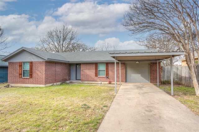 ranch-style home with a front lawn and a garage