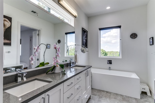 bathroom with vanity, a healthy amount of sunlight, and a tub to relax in