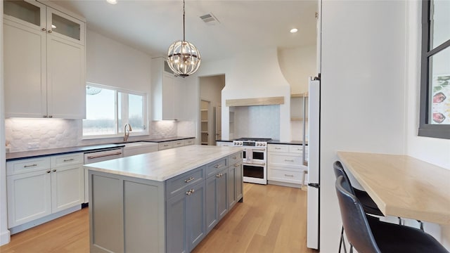 kitchen featuring custom exhaust hood, sink, gray cabinetry, and white cabinets