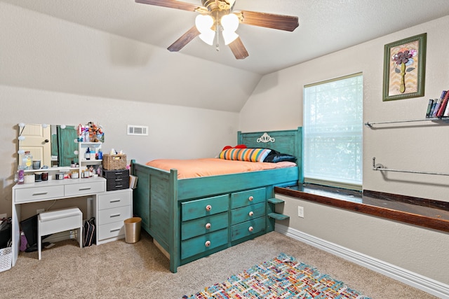 bedroom featuring light colored carpet, ceiling fan, and lofted ceiling