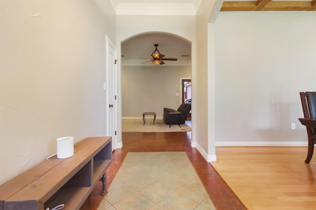 hallway featuring hardwood / wood-style flooring and ornamental molding