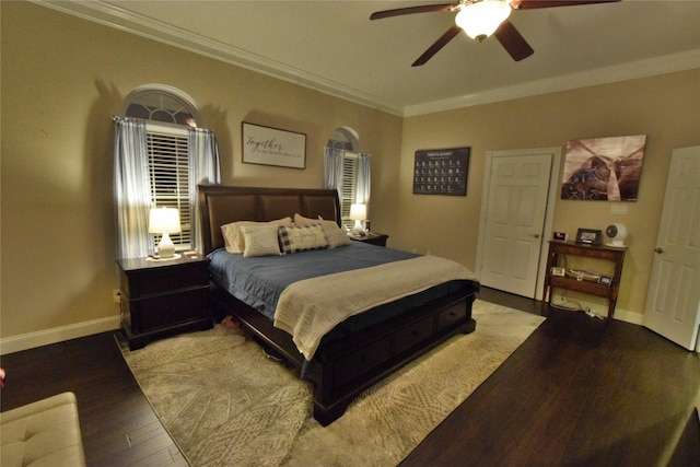 bedroom with ceiling fan, light wood-type flooring, and crown molding