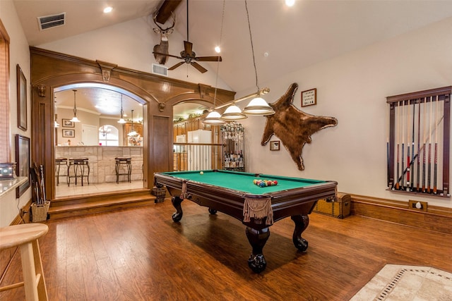 recreation room featuring billiards, high vaulted ceiling, ceiling fan, beam ceiling, and hardwood / wood-style floors