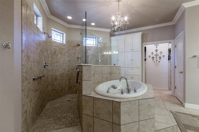 bathroom featuring crown molding, tile patterned floors, and plus walk in shower