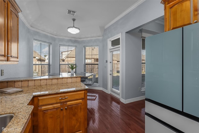 kitchen featuring ornamental molding, light stone countertops, and dark hardwood / wood-style flooring