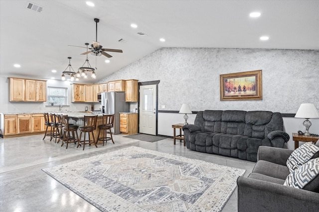 living room featuring high vaulted ceiling and ceiling fan