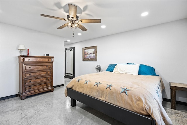 bedroom featuring ceiling fan and concrete flooring