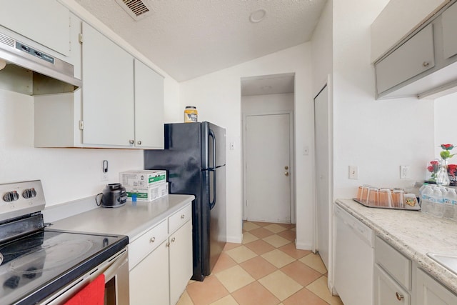 kitchen with stainless steel range with electric stovetop, white dishwasher, vaulted ceiling, exhaust hood, and white cabinets