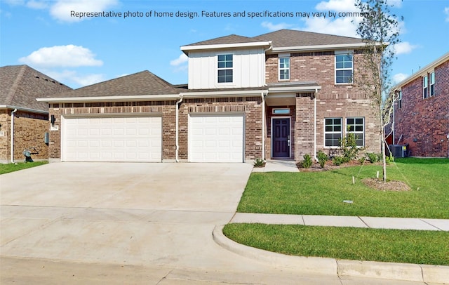 view of front facade featuring central AC and a front lawn