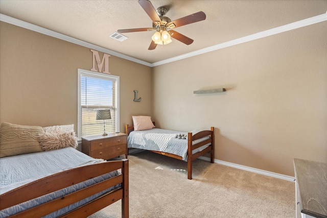 bedroom featuring light carpet, ceiling fan, and crown molding