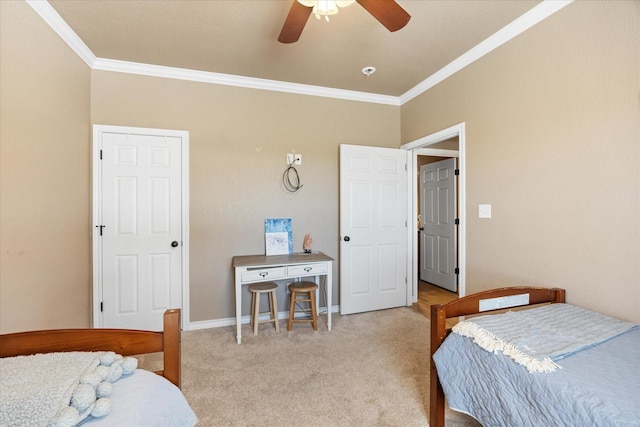 bedroom featuring ceiling fan, light colored carpet, and crown molding