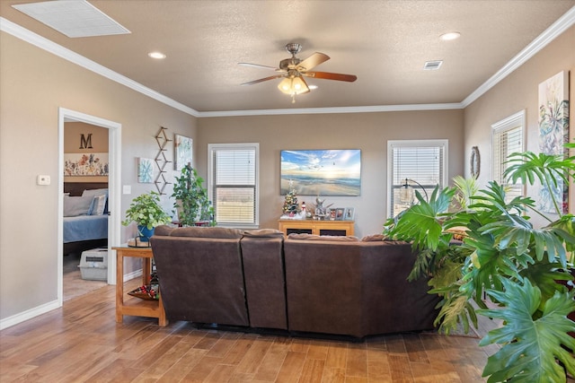 living room featuring crown molding, hardwood / wood-style floors, ceiling fan, and a textured ceiling