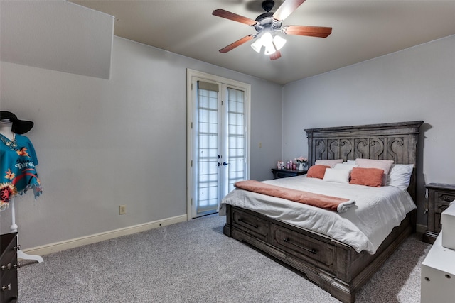 carpeted bedroom with french doors, ceiling fan, and access to exterior