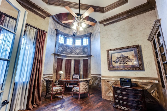 living area featuring crown molding, dark wood-type flooring, and ceiling fan