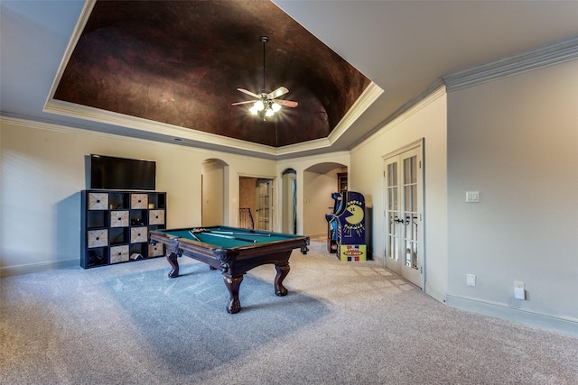 playroom featuring ceiling fan, carpet floors, ornamental molding, pool table, and a raised ceiling