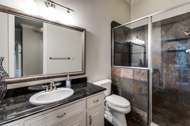 bathroom with a shower with door, vanity, and toilet