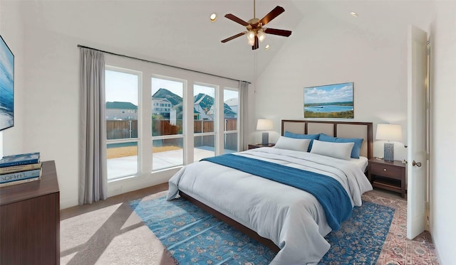 3916 Linear Dr, Celina, TX 75078 - bedroom featuring carpet floors, high vaulted ceiling, and ceiling fan