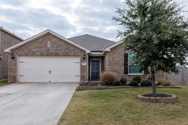 single story home with a garage and a front yard