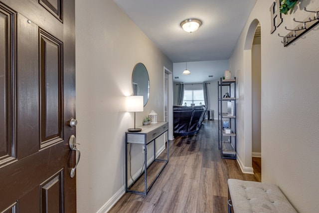 hall with dark hardwood / wood-style flooring