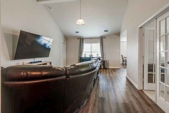 living room featuring high vaulted ceiling, radiator, and dark hardwood / wood-style flooring