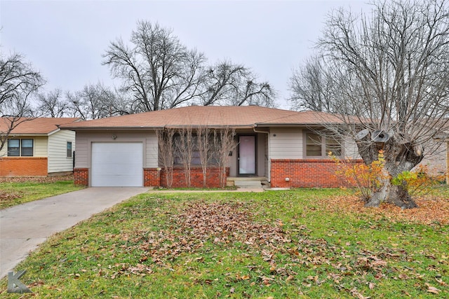 ranch-style house featuring a garage and a front yard