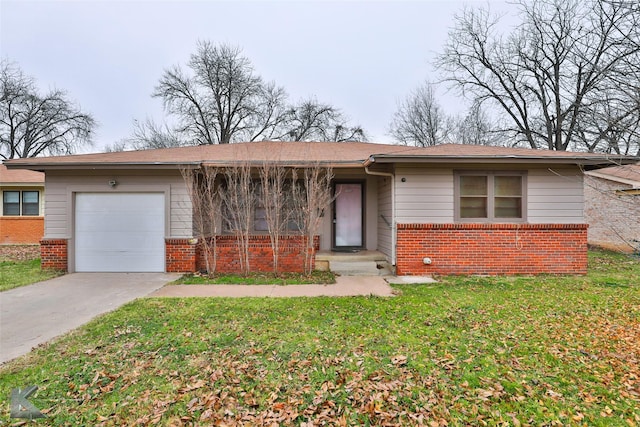 single story home with a front yard and a garage