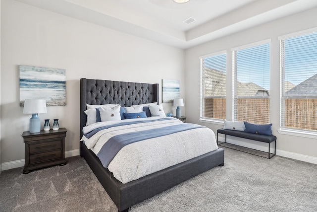 carpeted bedroom with a raised ceiling