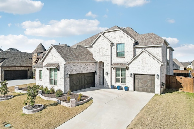 view of front of home with a garage and a front lawn