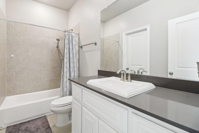 full bathroom featuring toilet, vanity, shower / bathtub combination with curtain, and tile patterned flooring