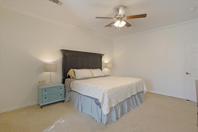 bedroom with ceiling fan, light colored carpet, and ornamental molding