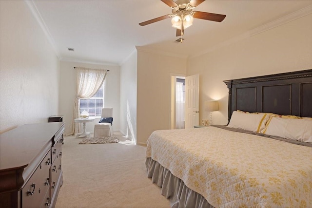 bedroom with light carpet, crown molding, and ceiling fan