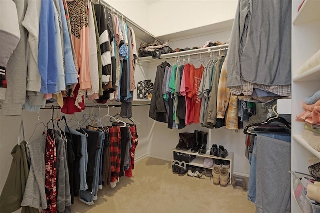 spacious closet featuring light colored carpet