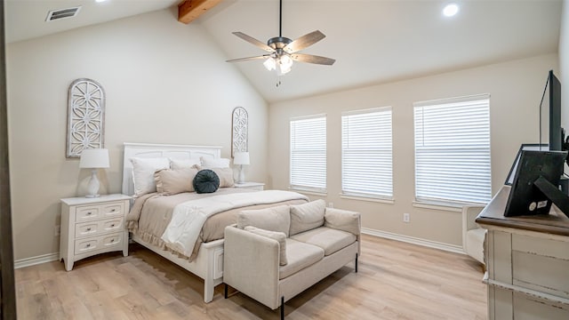 bedroom featuring multiple windows, ceiling fan, light hardwood / wood-style floors, and lofted ceiling with beams