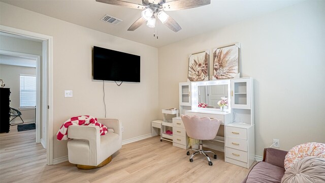 office area featuring ceiling fan and light wood-type flooring