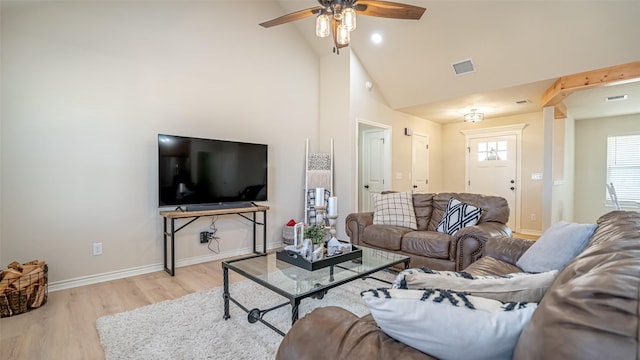 living room featuring ceiling fan, light hardwood / wood-style floors, and high vaulted ceiling