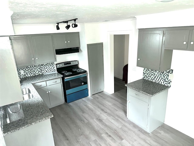 kitchen featuring tasteful backsplash, gray cabinetry, stainless steel electric range oven, and extractor fan