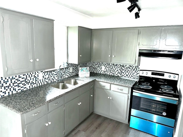 kitchen with gray cabinets, sink, stainless steel range with electric cooktop, and exhaust hood