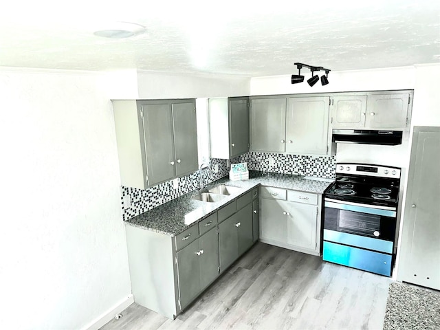 kitchen with tasteful backsplash, stainless steel electric stove, sink, gray cabinets, and range hood